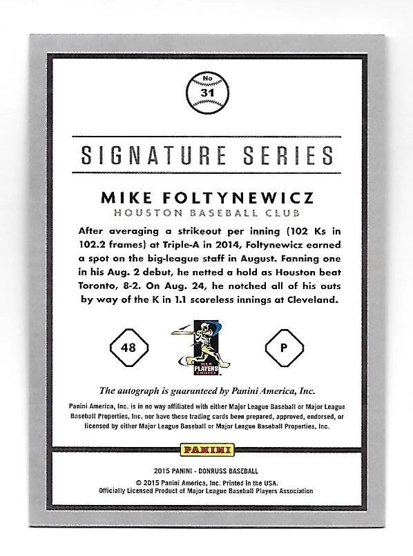 Mike Foltynewicz 2015 Panini Donruss Gold/10 Signature Series RC autógrafo automático Foto 2 de 2