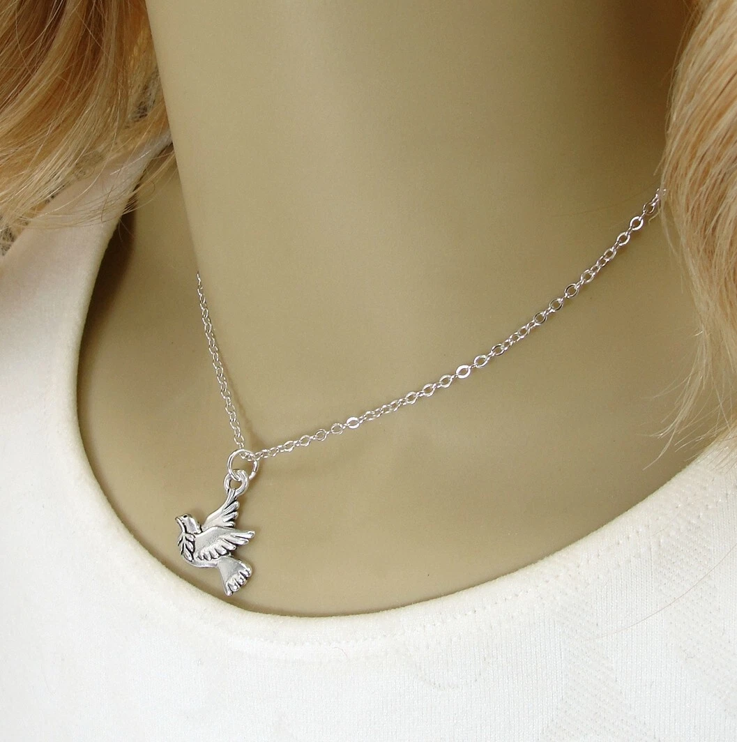Silver Peace Dove Necklace Dove with Olive Branch Necklace Silver Dove Charm