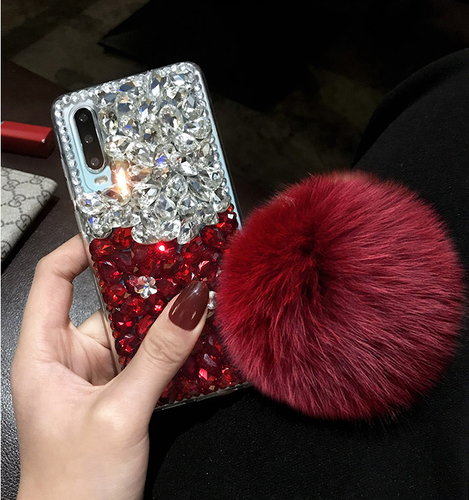 Bling Glitter Diamond Fluffy Rabbit Fur Ball Sparkle Crystal Luxury Case Cover - Picture 4 of 5