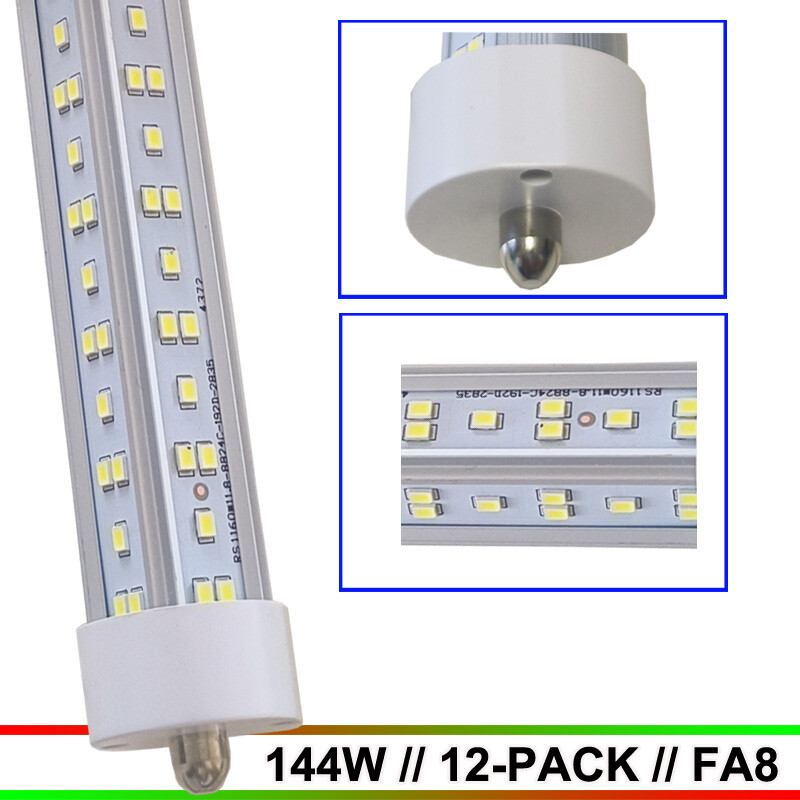 8FT LED Tube Light FA8 T8 Single Pin 144W 6500K Shop Light Bulb Pack of 12