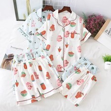 Women's Japanese Pajama Set Cotton Gauze Short Sleeve Pants Floral Summer Wear