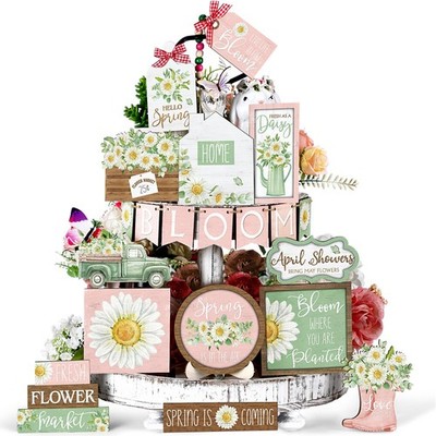 20 Pcs Spring Flower Tiered Tray Decor Set Rustic Farmhouse Daisy Floral Wood...