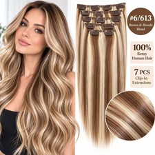 100 Remy Human Hair Clip In Extensions 6/613 7PCS Brown Blonde