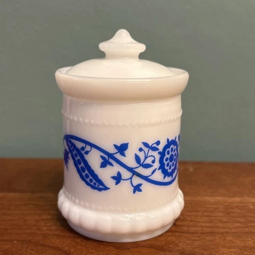 Vintage Hazel Atlas Milk Glass Blue Sweet Pea Pattern Mustard Spice Jam Jar