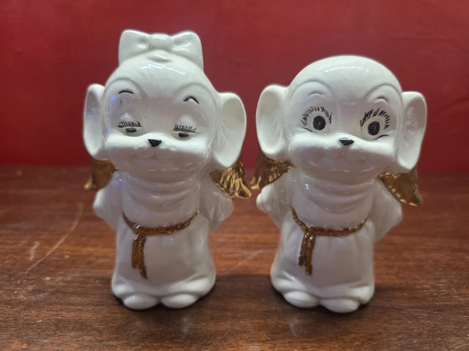 VINTAGE PAIR OF CERAMIC KISSING ANGEL MICE FIGURINES Gold Wings Signed - Image 2 of 4