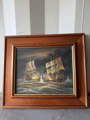 Vintage J. Harvey Original Ölgemälde - Seeschlacht Szene Galeonen gerahmt