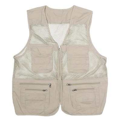Herren Beige Mesh & Polyester Mischung Utility Jacke L Reißverschluss Weste Mehrere Taschen