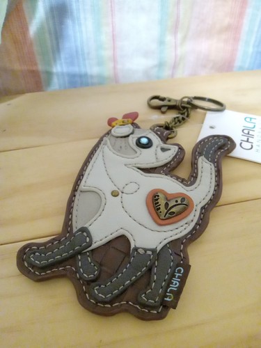Chala Leather Whimsical Cat & Butterfly Key Chain Coin Purse Fob Charm *NWT* - Imagen 5 de 8