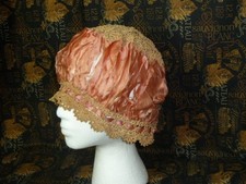 Antique Bonnet Silk Vtg Edwardian Flapper Crochet lace Boudoir Dust Cap