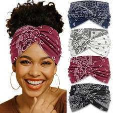 4 Pack Wide Headbands for Women Paisley Twist Hair Bands Stretchy Cross Head Tur