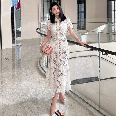 French Retro Lace Dress Women's White Lapel Collar Short Sleeve Long Gown  Dress | eBay