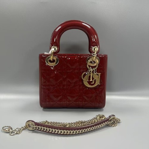 Auth Dior Lady Dior Mini Burgundy Patent Cannage Handbag Gold Hardware Classic