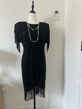 Vintage 70s Silk Oleg Cassini Black Beaded Fringe Sequin Dress Size 10 Flapper