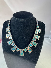 Vintage Mexican sterling silver inlay mosaic turquoise bib necklace