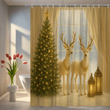Christmas Shower Curtain with Reindeer and Tree Design