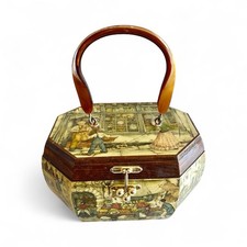 Anton Pieck Vintage Decoupage Box Wooden Purse with Lucite Handle 60s/70s