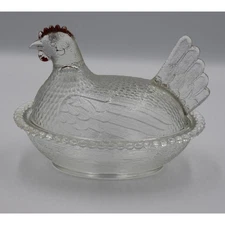 VINTAGE Indiana Clear Glass Covered Nesting Hen Dish With Red Painted Comb