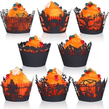 96 PCS Halloween Cupcake Wrappers Spiderweb Night Castle Laser Cut Paper Liners