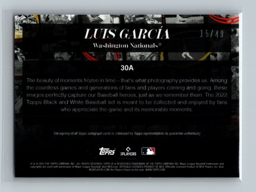 2022 Topps Black & White #30A Luis Garcia Auto Background Color WAS Nationals - Picture 2 of 2