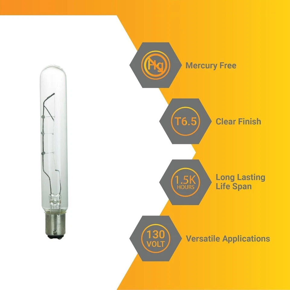 6Pack Tubular Light Bulbs, Clear Tube T6.5 Bulb, 40W, 2600K, 290LM, BA15D, 130V - Image 2 of 4