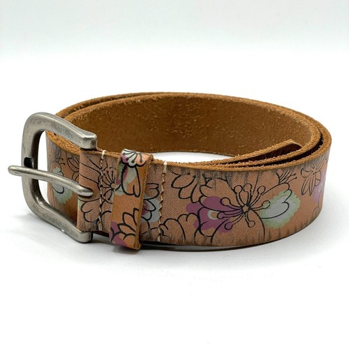 Fossil Multi-Color Floral Printed Boho Brown Leather Waist Casual Belt Medium