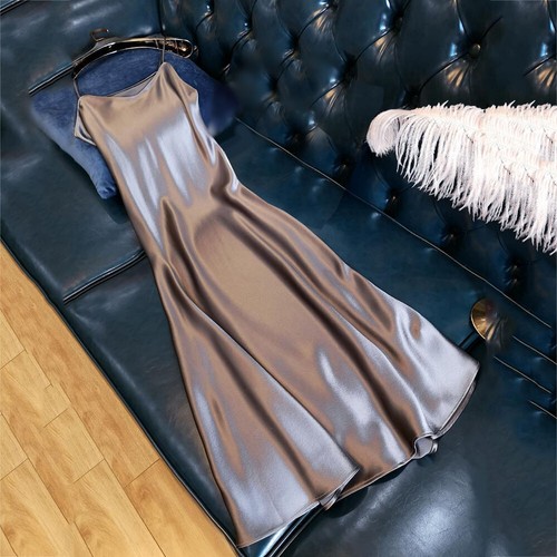 Damen-Satin-Langkleid Mit V-Ausschnitt Ärmellos Lockerer Rock Schickes | - Picture 19 of 21