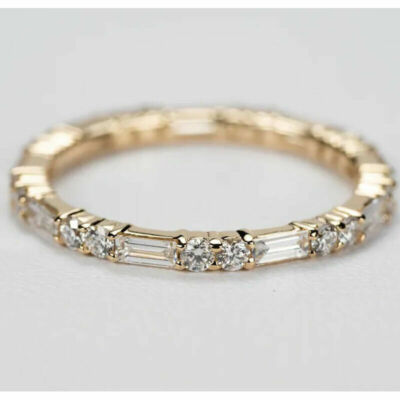 1Ct Baguette Round Cut D/VVS1 Diamond Wedding Band Ring 14K Yellow Gold ...