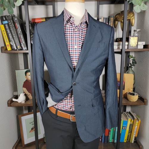 J.Ferrar Men's Sport Coat Blazer Two Button Navy Blue Polyester Blend 38R SLIM