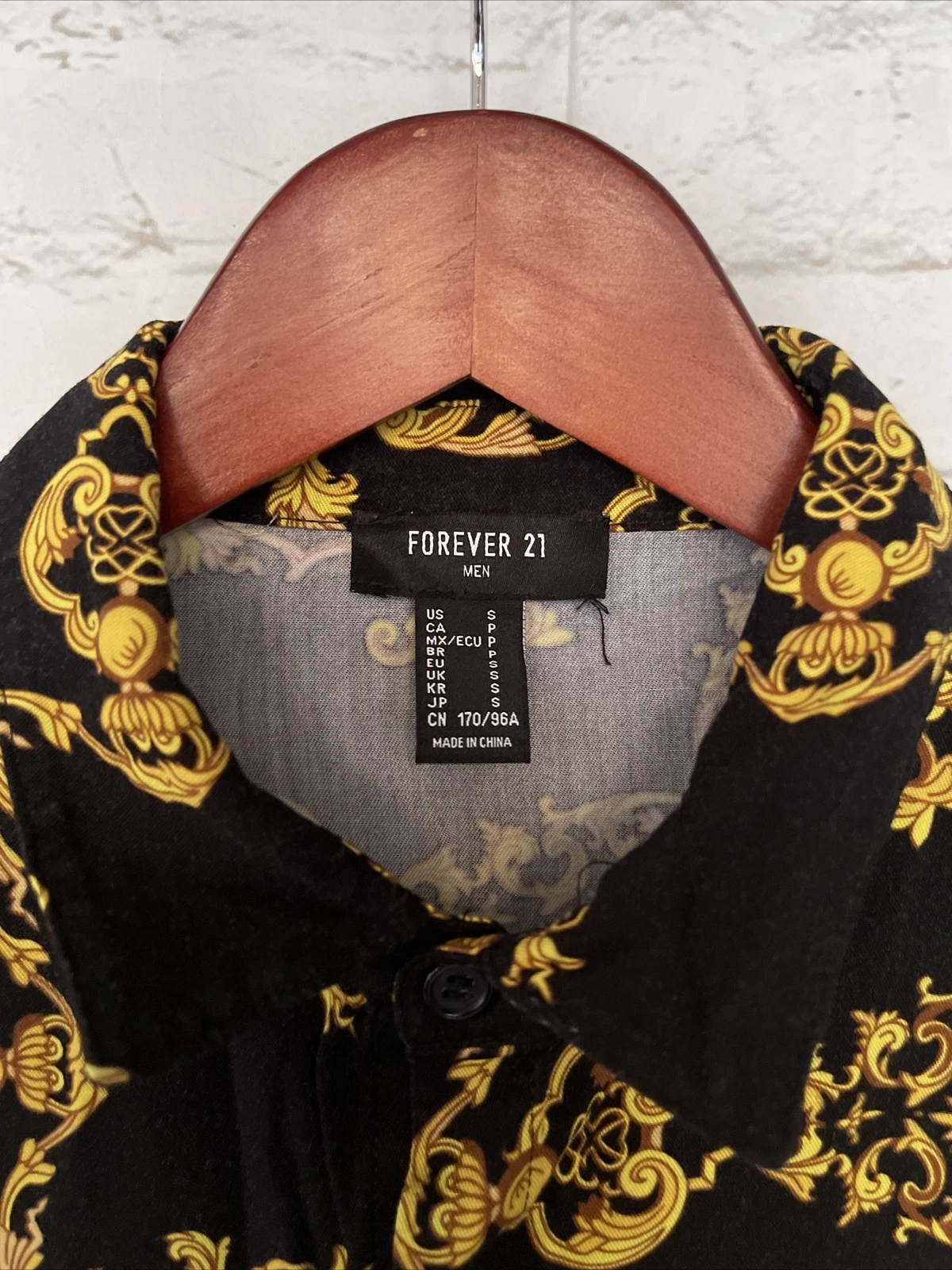 VERSACE Camicia abito Forever 21 da uomo catena barocca a maniche lunghe abbottonate nero oro S