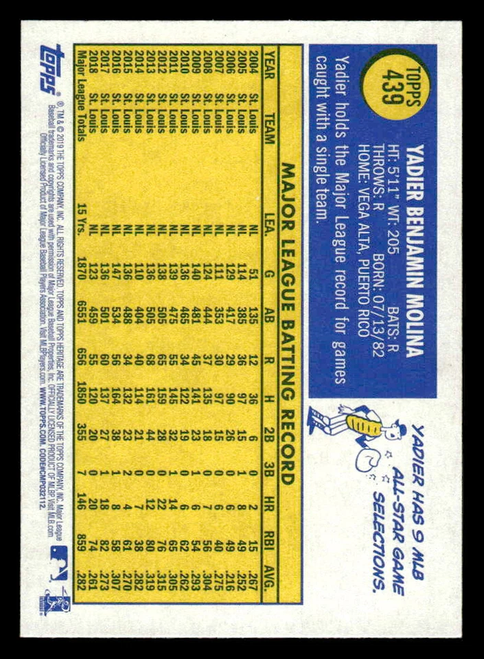 2019 Topps Heritage #THC-439 Yadier Molina  *TedsCardShack* - Image 2 of 2