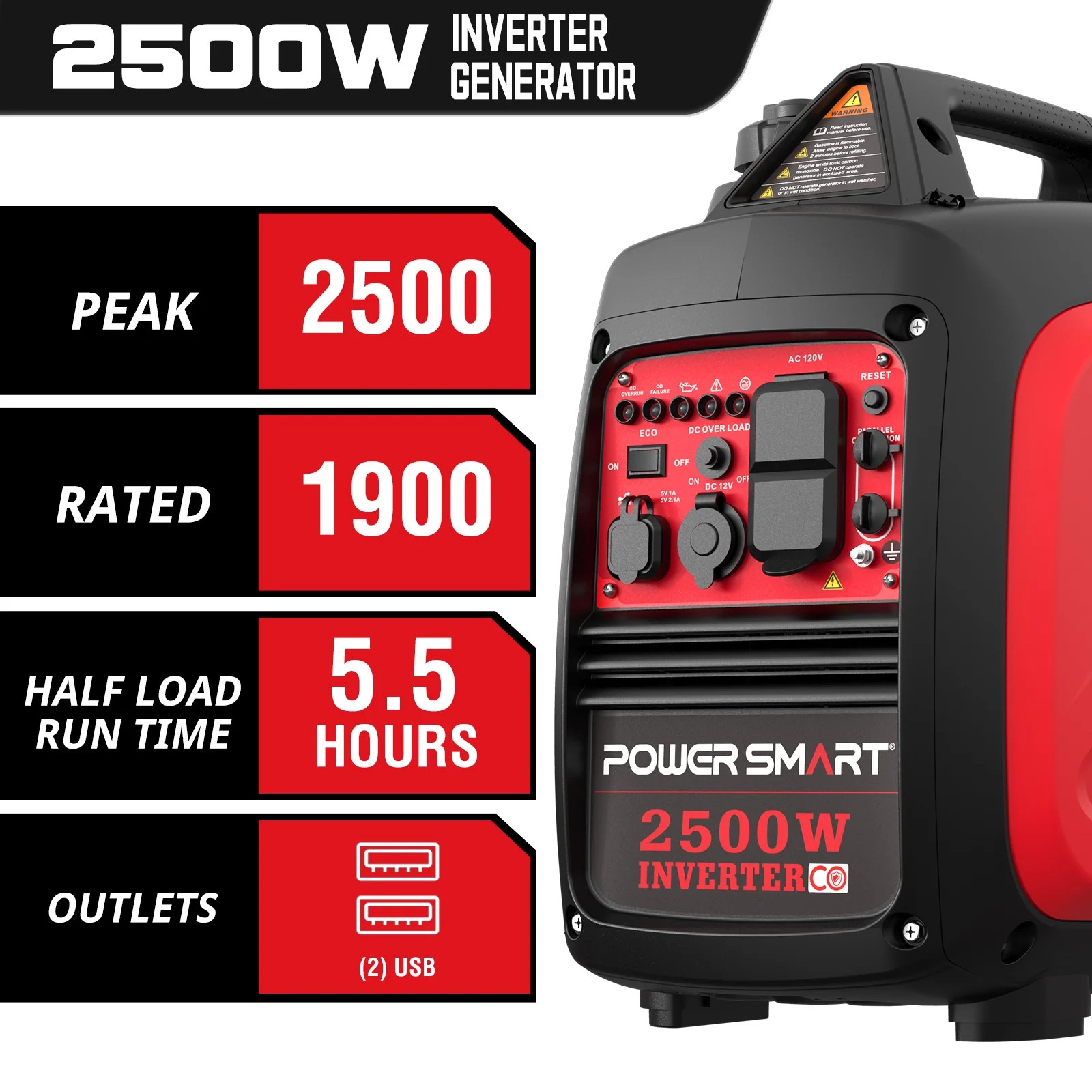 2500W Portable Inverter Gas Generator, CO Detect Super Quiet Low Oil Shutdown,Fo