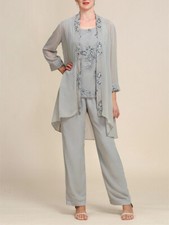 Grey Chiffon Mother Of The Bride Dress Customized Coat Vest And Pants Set