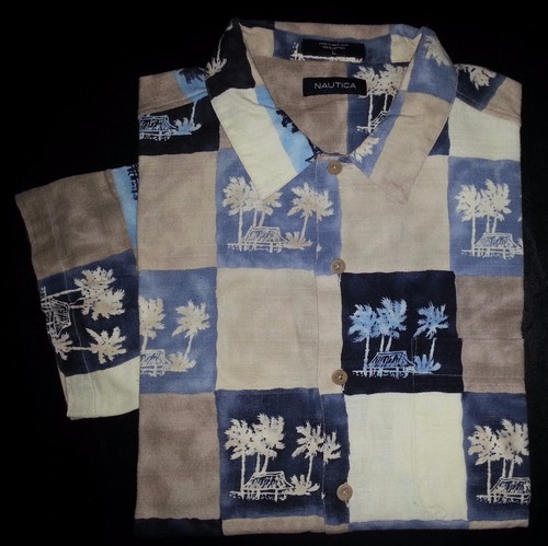 Cutter & Buck Shirt Button-Front Camp L Palm Print Tan Blue Navy Ivory s2996 - Picture 6 of 8