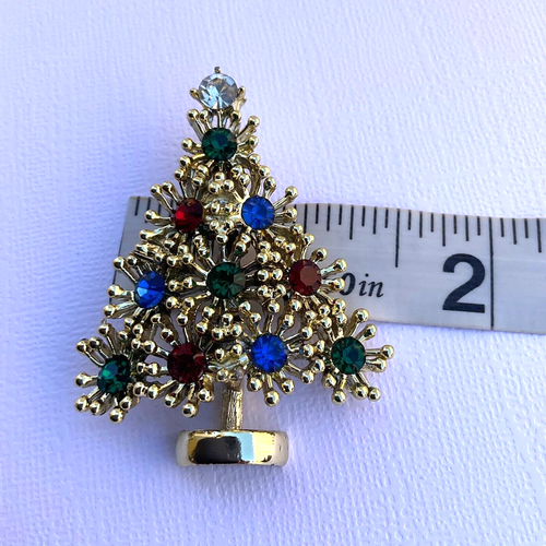 Vintage Christmas Tree Brooch Pin Rhinestone Gold Tone 2" Rollover Closure - Picture 13 of 15