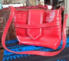 Vintage 1970 Handbag RED Patent Leather Purse Big Buckle Very Mod Squad Retro