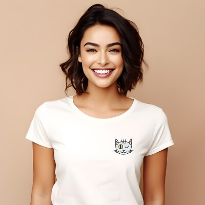T-Shirt Damen Kurze Ärmel Farbe Weiß, Katze Zwinkert Herz