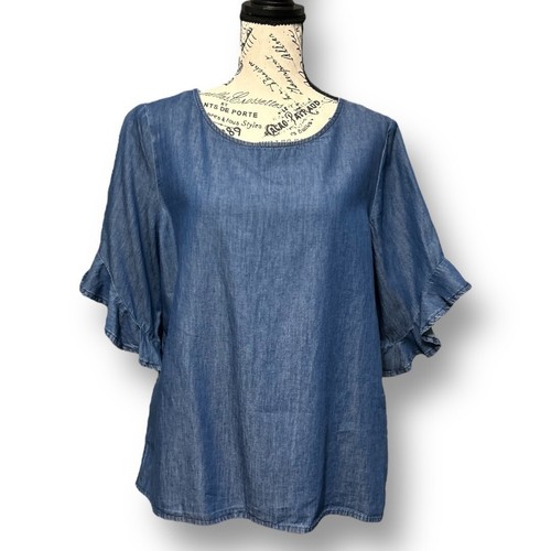 NWT Tres Jolie L Indigo Blue Denim Chambray Ruffle Sleeve Blouse Top MSRP $58