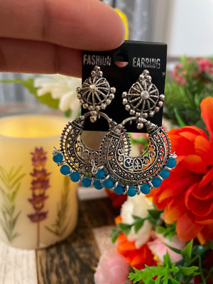 fashion earrings- Oxidized chaand baali earrings with blue faux pearls.