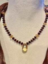 14K Yellow Gold Garnet Citrine Beaded Necklace Vintage Valentines Mothers Day