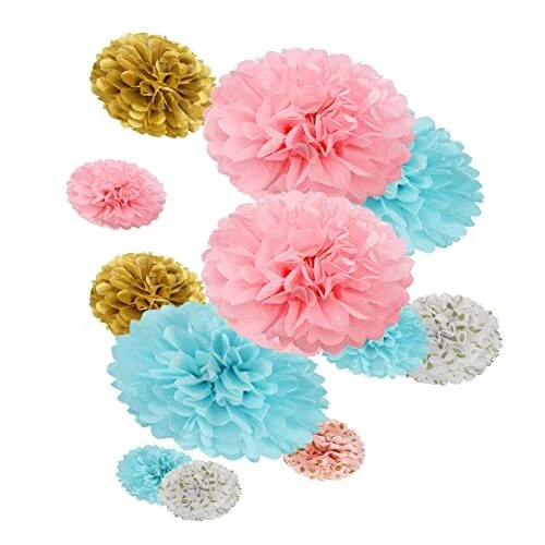 Pompones de pañuelo rosa-azul dorado para fiestas-decoraciones - 12 piezas ideas de revelación de género... Foto 2 de 4