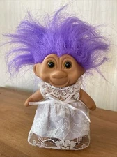 Troll Doll Bride TNT 1991 Wedding Lace Dress Purple Hair Yellow Eyes