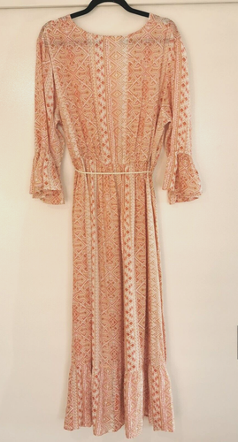 TALISMAN Midi Dress Size M Peach Tan Ruffle Sleeves Hem Tassel Belt Boho - Picture 3 of 10