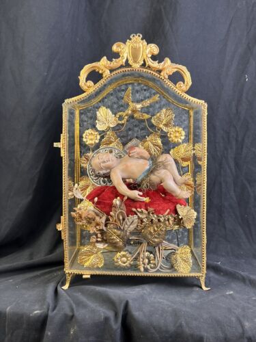Culla con Bambinello Gesù&#039; Bambino Ihs barocco arte sacra vetrina 22x14x38cm