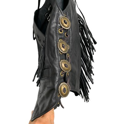 Womens 80s Vintage Black Leather USA 7194 Vest Fringe Snaps