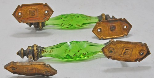 Antique Brass Cut Glass Door Handles Pair Original Old Hand Crafted Hardware - Picture 8 of 9