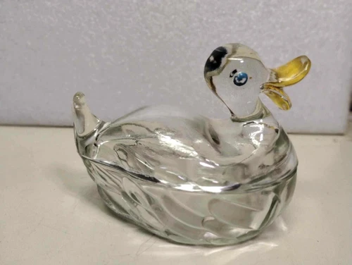 Vintage Jeanette Glass Lidded Duck Shaped Clear Glass Candy Dish