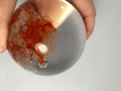 Round Art Glass Paperweight Clear Orange White Swirl Ball Bubbles 10" Around - Picture 8 of 8