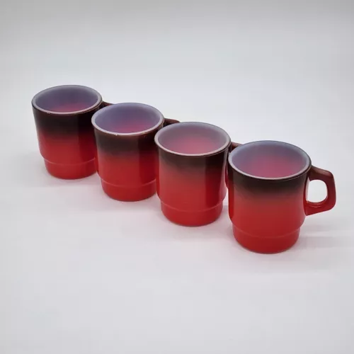 Set of 4 Vintage Fire King Anchor Hocking Red Brown Ombre Stacking Coffee Mugs