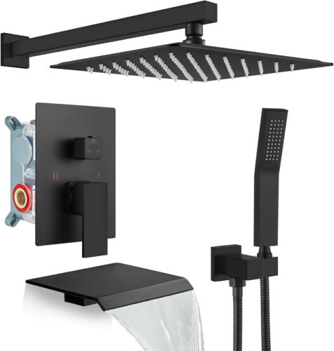 ✅ Black Shower Faucet Set Mixer Valve Rain Shower Head Combo System w/ Tub Spout