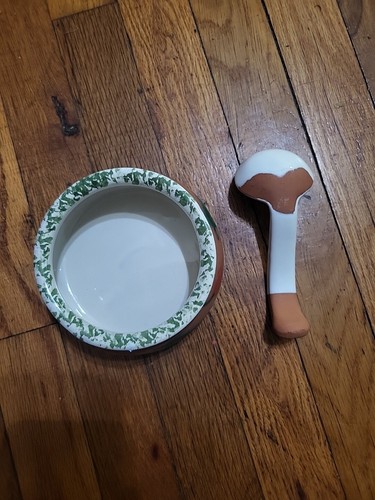  Salsa Bowl with Spoon Terracotta White Green Glaze Portugal Made Vale Do Sol - Picture 3 of 11